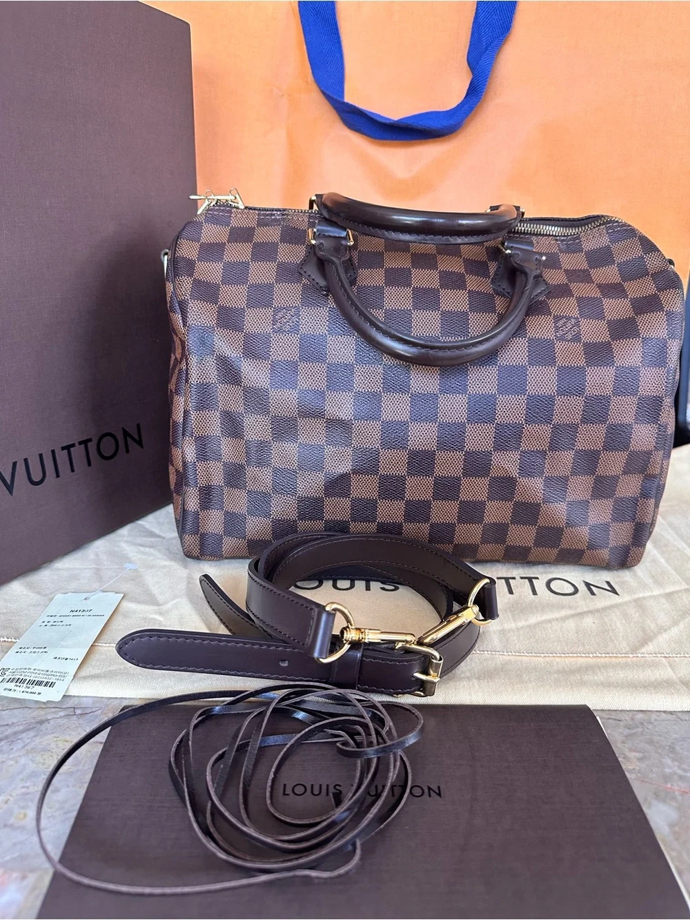 Louis Vuitton Damier Ebene Satchel in Brown with Gold Hardware